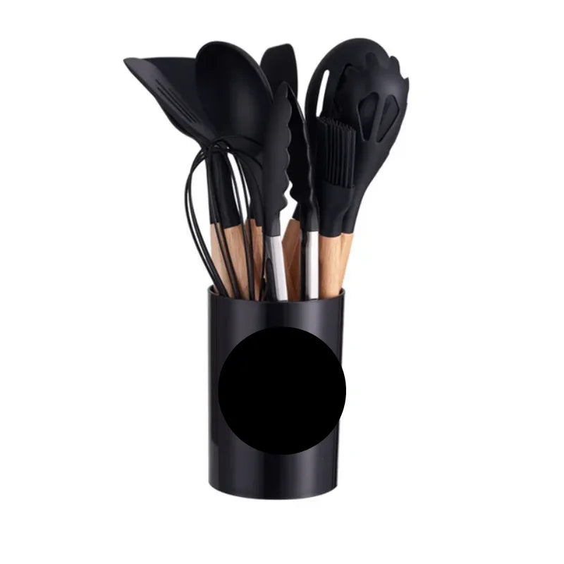 KIT de Cozinha com 12 peças Jogo de Utensilios Culinários Cabo de Madeira Antiaderente