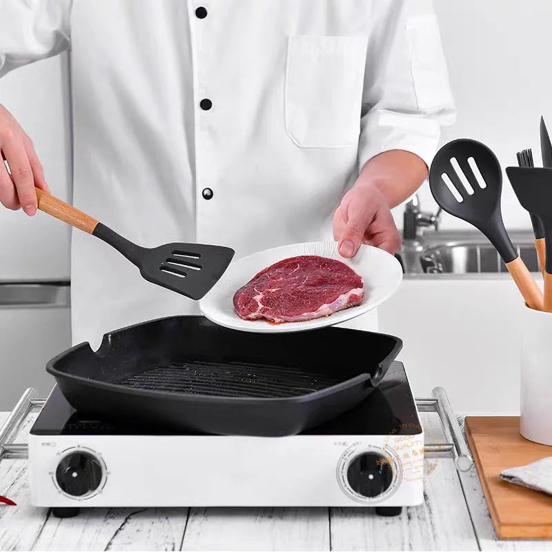 KIT de Cozinha com 12 peças Jogo de Utensilios Culinários Cabo de Madeira Antiaderente