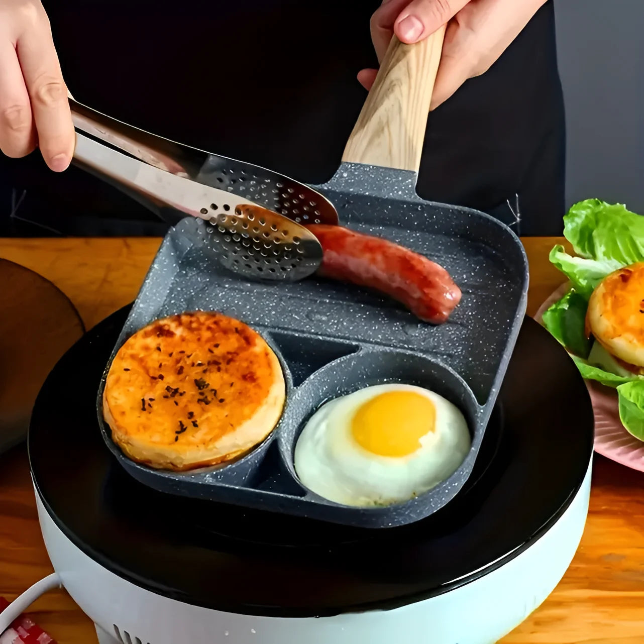 Eggs with 3 Partitions in Aluminum Frying Pan with Ceramic Coating