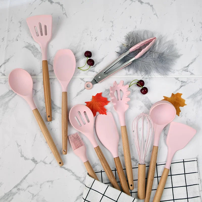 KIT de Cozinha com 12 peças Jogo de Utensilios Culinários Cabo de Madeira Antiaderente