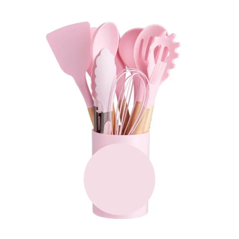 KIT de Cozinha com 12 peças Jogo de Utensilios Culinários Cabo de Madeira Antiaderente