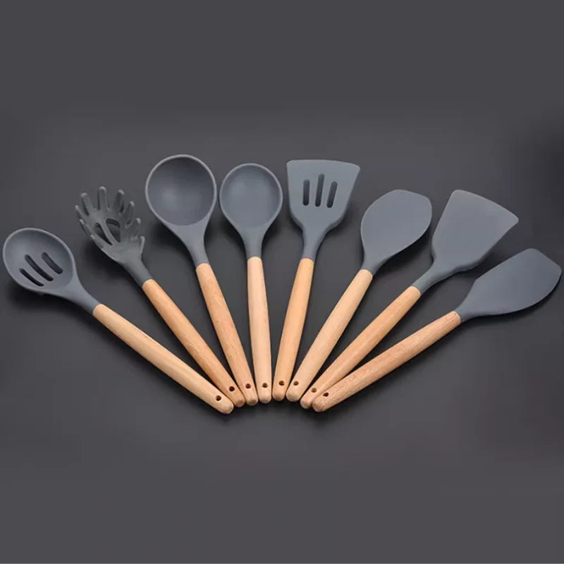 KIT de Cozinha com 12 peças Jogo de Utensilios Culinários Cabo de Madeira Antiaderente