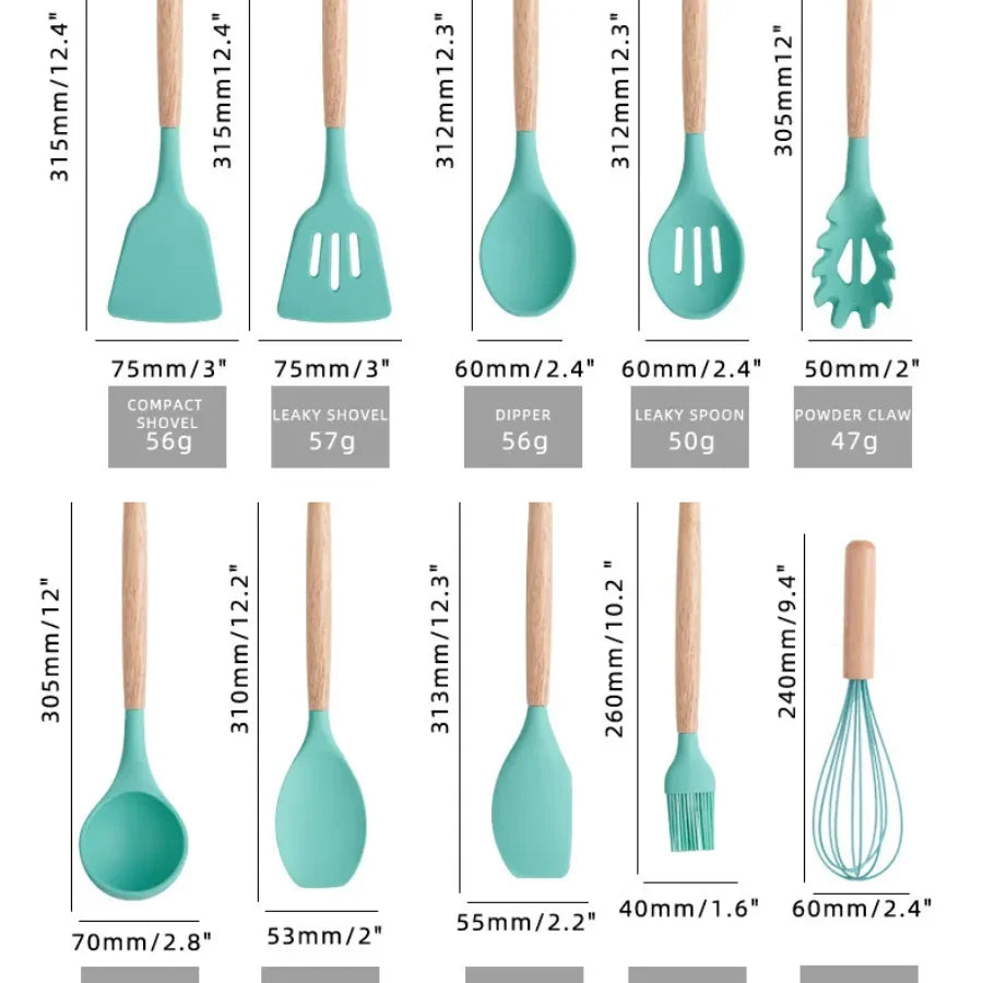 KIT de Cozinha com 12 peças Jogo de Utensilios Culinários Cabo de Madeira Antiaderente