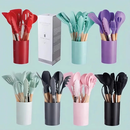 KIT de Cozinha com 12 peças Jogo de Utensilios Culinários Cabo de Madeira Antiaderente