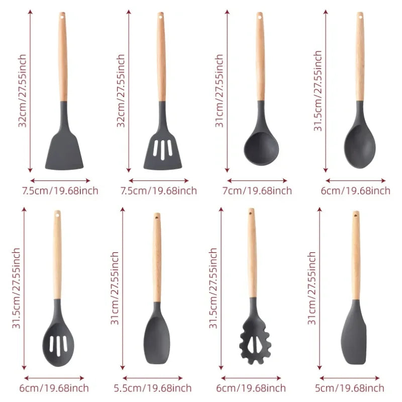 KIT de Cozinha com 12 peças Jogo de Utensilios Culinários Cabo de Madeira Antiaderente