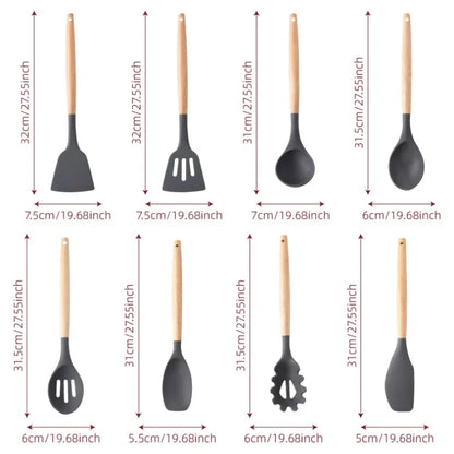 KIT de Cozinha com 12 peças Jogo de Utensilios Culinários Cabo de Madeira Antiaderente