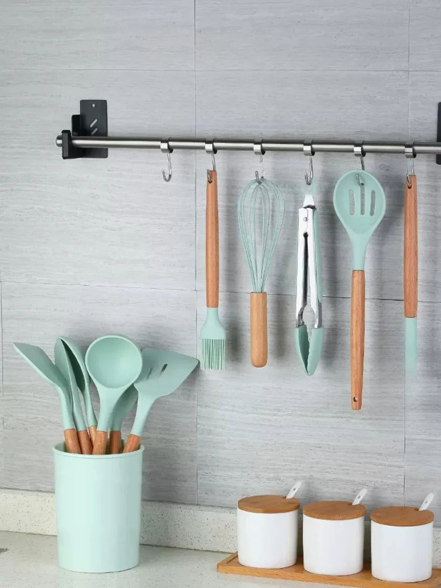 KIT de Cozinha com 12 peças Jogo de Utensilios Culinários Cabo de Madeira Antiaderente