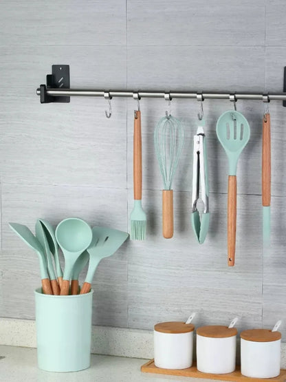 KIT de Cozinha com 12 peças Jogo de Utensilios Culinários Cabo de Madeira Antiaderente