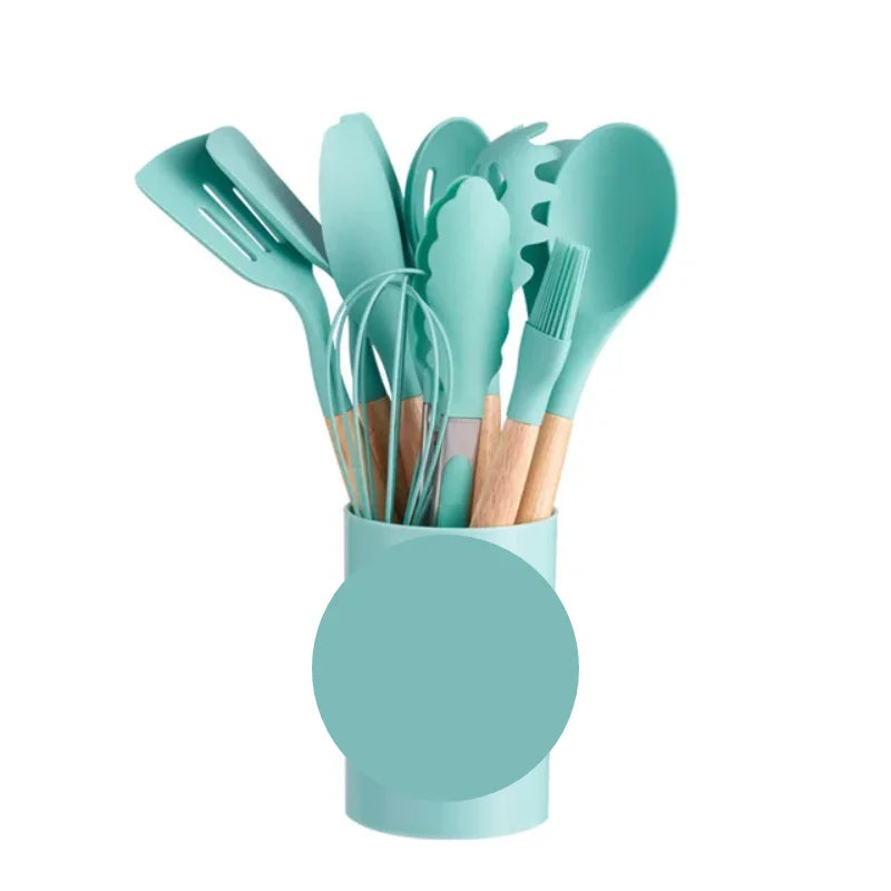 KIT de Cozinha com 12 peças Jogo de Utensilios Culinários Cabo de Madeira Antiaderente