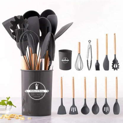 KIT de Cozinha com 12 peças Jogo de Utensilios Culinários Cabo de Madeira Antiaderente