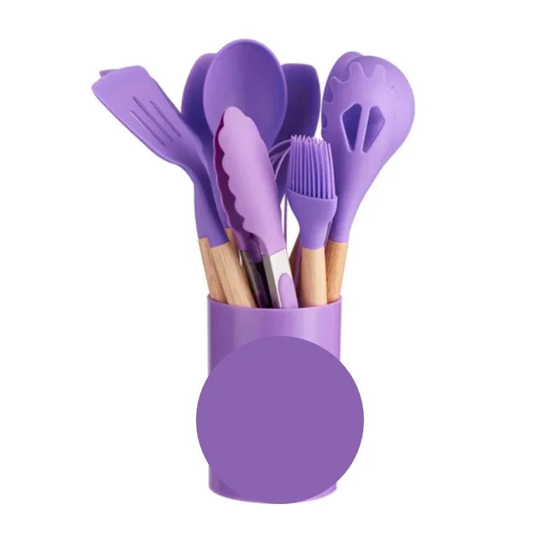 KIT de Cozinha com 12 peças Jogo de Utensilios Culinários Cabo de Madeira Antiaderente
