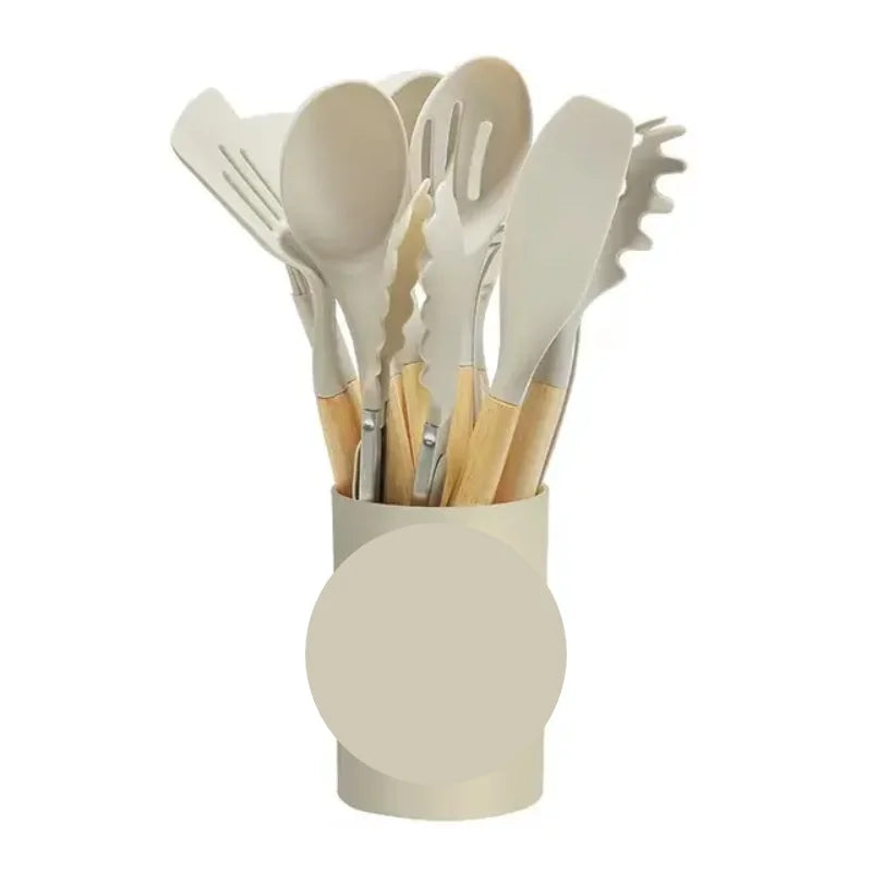 KIT de Cozinha com 12 peças Jogo de Utensilios Culinários Cabo de Madeira Antiaderente