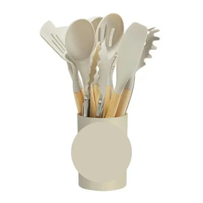 KIT de Cozinha com 12 peças Jogo de Utensilios Culinários Cabo de Madeira Antiaderente