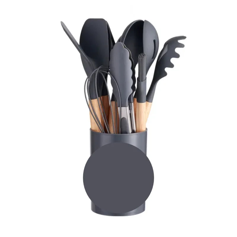 KIT de Cozinha com 12 peças Jogo de Utensilios Culinários Cabo de Madeira Antiaderente