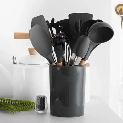 KIT de Cozinha com 12 peças Jogo de Utensilios Culinários Cabo de Madeira Antiaderente